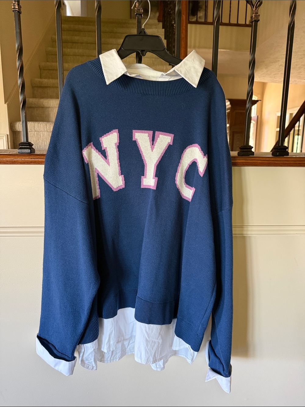 Maeve Navy Blue NYC Crewneck Sweater with Pink-Trim Letters for Anthropologie.